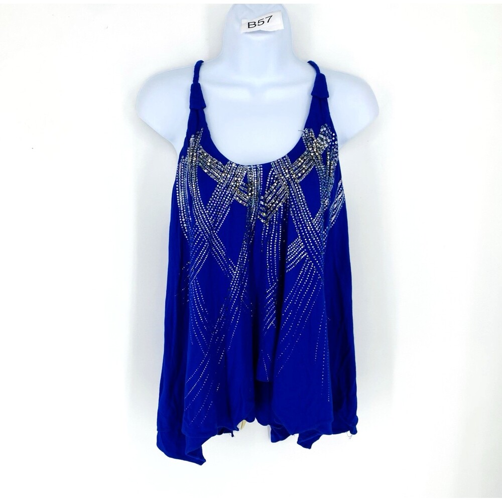 NOS Y2K Miss Me Swing Tank M Blue Beaded Bling Rope Back Buckle Top Club Wear